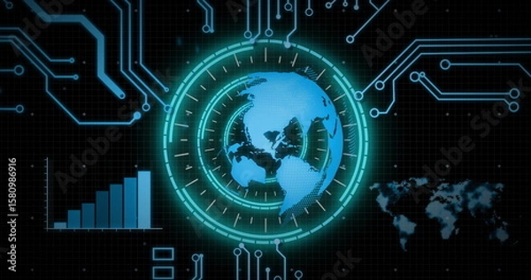 Fototapeta Displaying digital globe scanning in grid interface with bar chart, world map, blue circuit traces