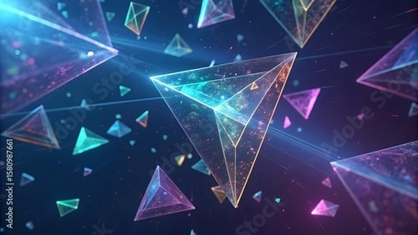Obraz Glowing triangular shapes floating in space. Perfect for sci-fi, digital design, and technology themes.