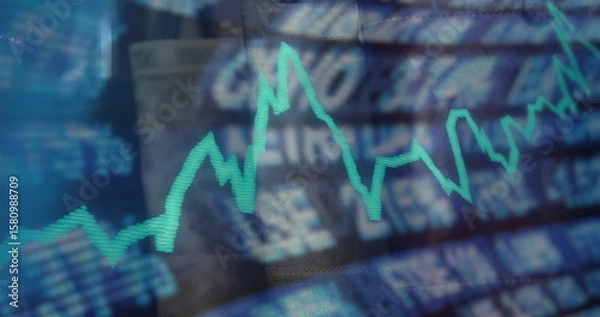 Fototapeta Displaying neon turquoise zigzag line chart on trading monitor, with blurred financial interface