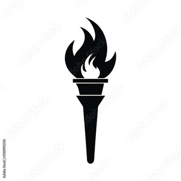 Fototapeta Solid black torch with burning flames is a minimal iconic symbol on white