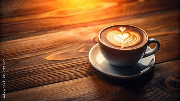 Fototapeta Warm Latte Art on Rustic Wooden Surface A Cozy Morning Beverage