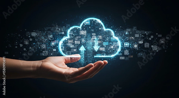 Obraz Businessman touch on cloud computing diagram show on hand. Cloud technology.