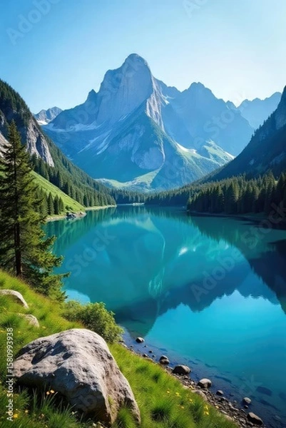 Fototapeta Breathtaking Panorama Pristine Mountain Lake Reflecting a Clear Blue Sky, Surrounded by Lush Green Forests and Majestic Peaks.  A Serene Escape into Untouched Wilderness.
