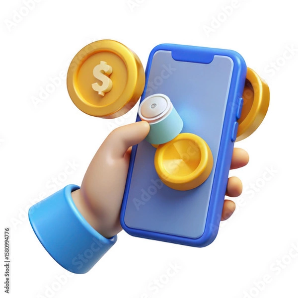 Fototapeta 3d cartoon hand holding smartphone with coins for online payment isolated on transparent background