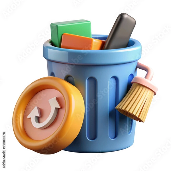 Fototapeta 3d illustration of a blue trash can filled with digital items and a refresh icon isolated on transparent background