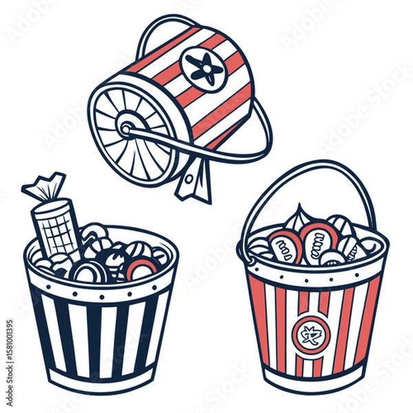 Fototapeta Illustration of a striped lottery drum and two buckets filled with prizes and lottery tickets