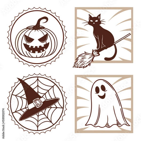 Fototapeta Illustration featuring halloween elements like a pumpkin, cat on a broom, witch hat and a ghost icon set
