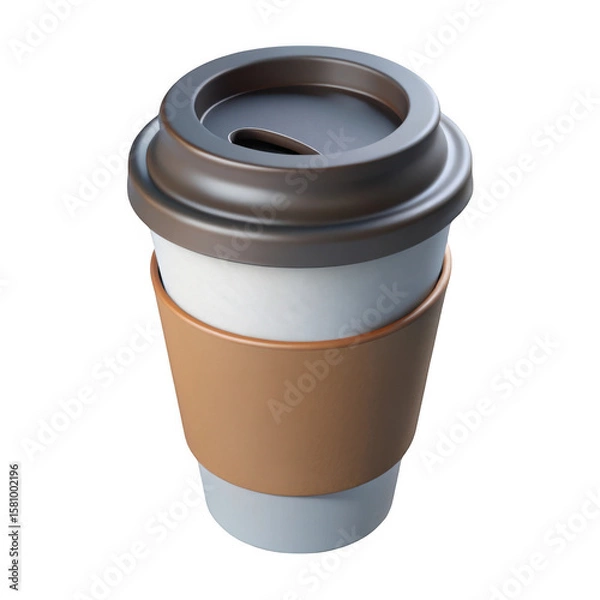 Fototapeta Realistic 3d rendering of a disposable coffee cup with brown sleeve and lid isolated on transparent background