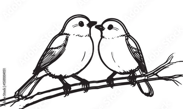 Fototapeta "Minimal Black and White Line Art of Two Birds on Branch – Vector Illustration"