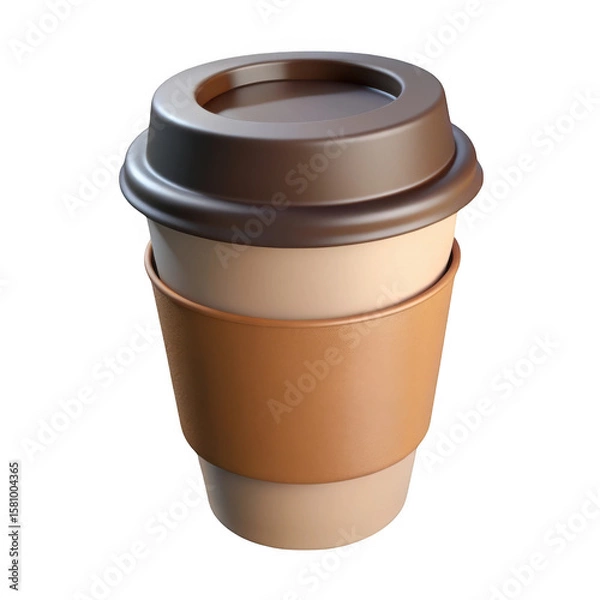 Fototapeta Realistic 3d render of a coffee cup with brown lid and sleeve isolated on transparent background
