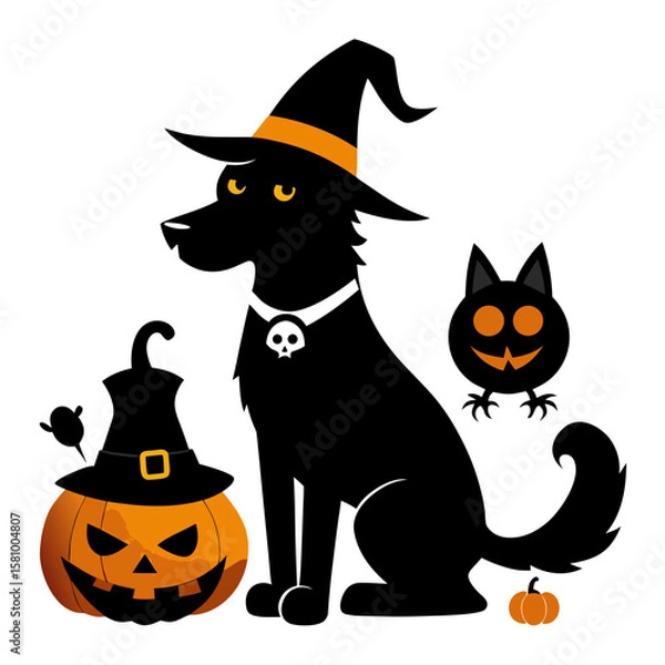 Fototapeta Halloween Pets in Costume Featuring Dog Pumpkin Outfit and Cat Witch Hat in Black Silhouette on White Background


