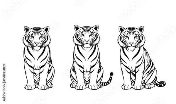 Fototapeta "Vector Outline of Three Sitting Tigers on White Background"