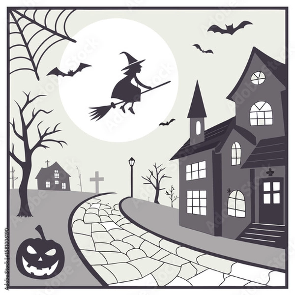 Fototapeta A spooky halloween scene featuring a witch flying on a broomstick over a haunted house with bats and pumpkin