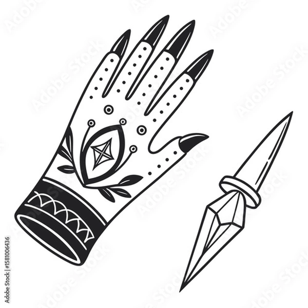 Fototapeta Stylized hand with long nails and decorative patterns beside a crystal dagger with sharp point design