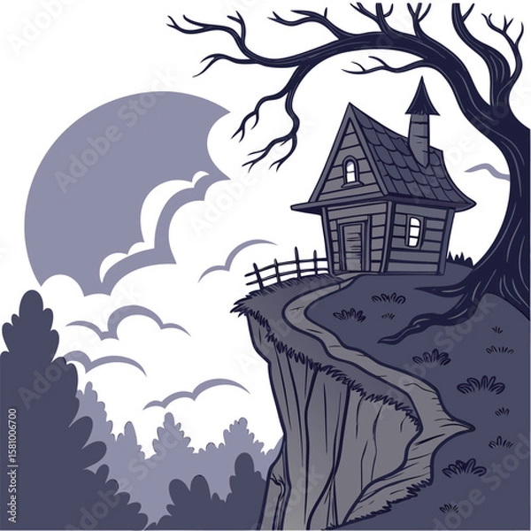 Fototapeta Illustration of a spooky house on a cliff with a bare tree and a moon in the background in grayscale