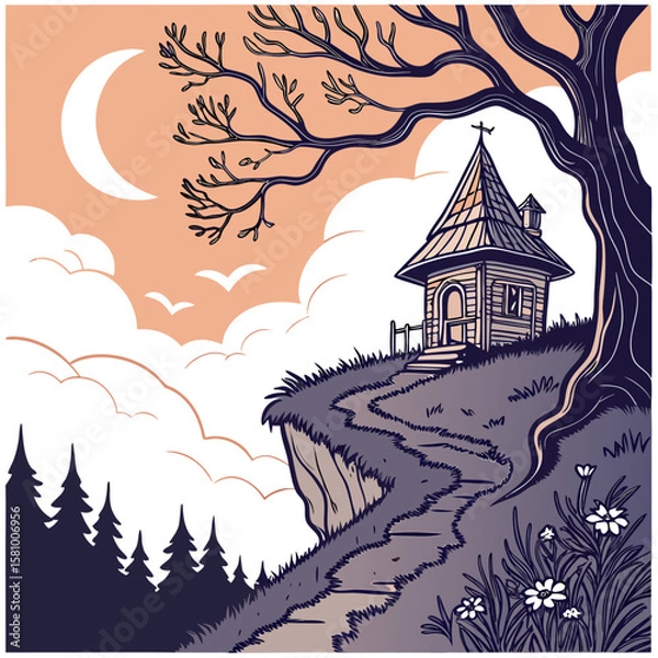Fototapeta Illustration of a quaint house on a cliffside under a moonlit sky with a gnarled tree overhead