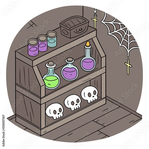 Fototapeta Illustration of a wooden shelf filled with potion bottles skulls and a treasure chest in a spooky room