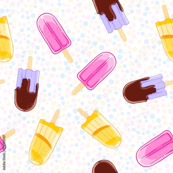 Fototapeta Seamless sweet pattern with popsicles in cartoon style on polka dot background.