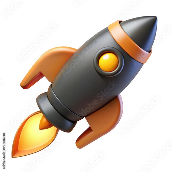 Fototapeta 3d cartoon rocket ship with orange accents launching with flame isolated on transparent background