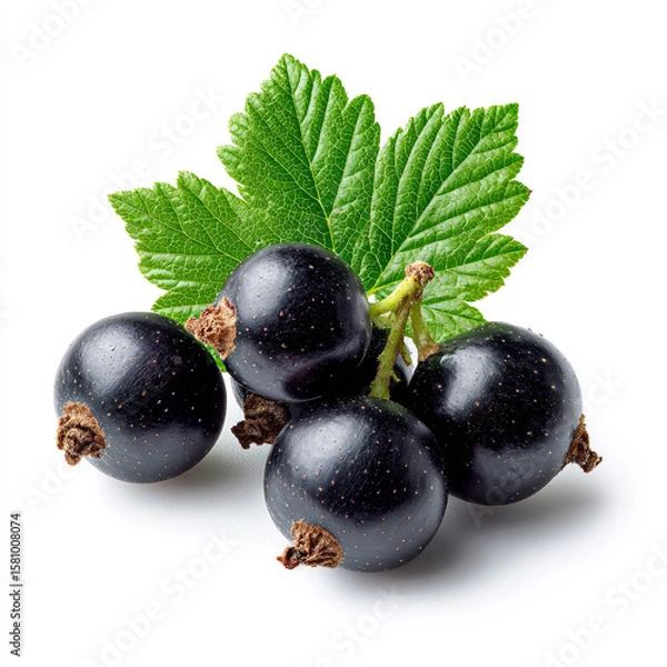 Fototapeta Black currant isolated. Currant black with leaves on white background. Perfect retouched currant berry with leaf. Berries with clipping path. Full depth of field