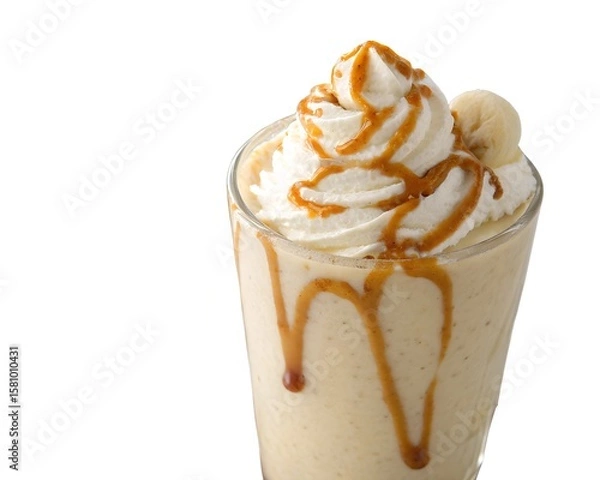 Obraz Close up view of peanut butter banana shake with banana slices and creamy whipped topping