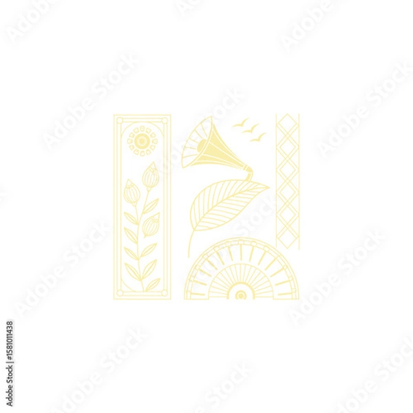 Fototapeta Gold art deco panel and border with ornament on white background