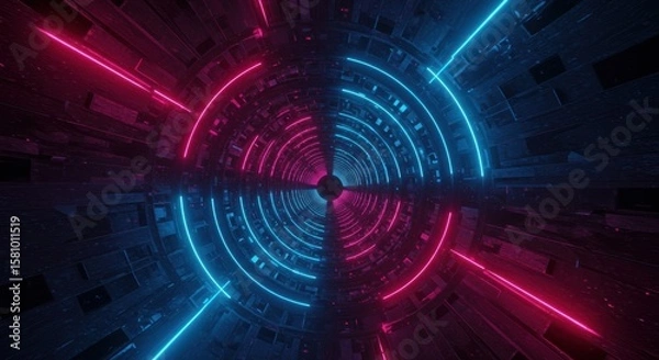 Obraz Spiral Futuristic Tunnel with Blue and Pink Neon Lights