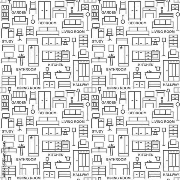Fototapeta Furniture themed vector seamless outline pattern background 3