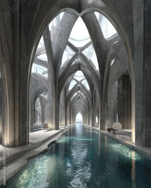 Fototapeta Serene indoor pool in a modern architectural marvel. Gray concrete arches frame a tranquil teal pool, creating an oasis of calm.