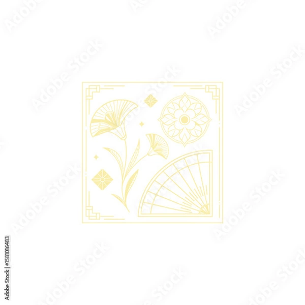 Fototapeta Gold art deco panel and border with ornament on white background