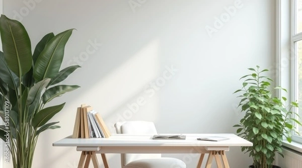 Fototapeta A professional virtual background of a clean, modern home office with a bookshelf and natural light.
