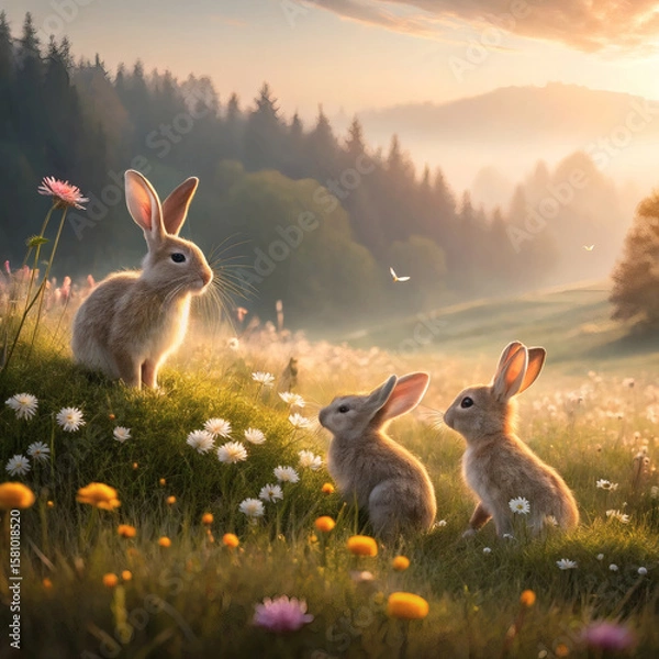 Fototapeta Three adorable bunnies in a field of wildflowers at sunrise