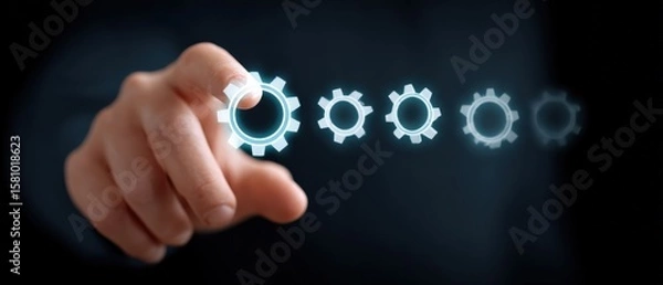 Fototapeta Hand Interacting with Virtual Gears Representing Technology Concept