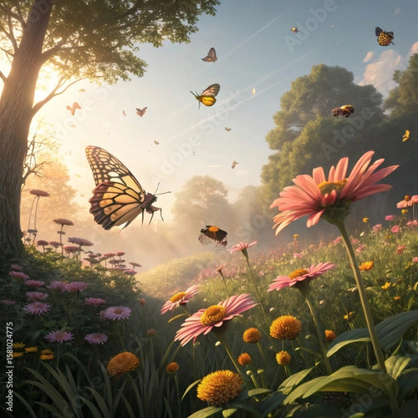 Fototapeta Magical forest meadow bathed in golden sunlight with butterflies fluttering among colorful flowers