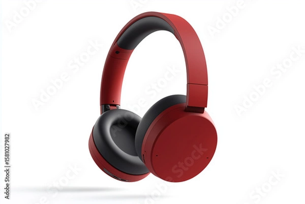 Fototapeta Red Over Ear Headphones on White Background – Modern Wireless Audio Device, Music Listening Gadget, Minimal Studio Composition