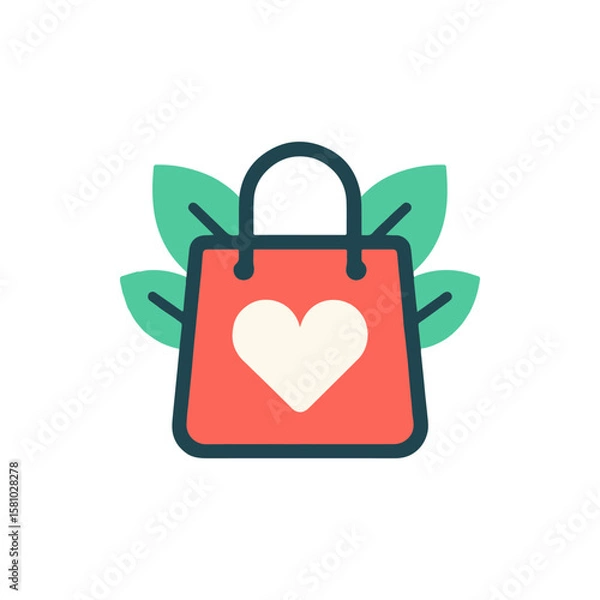 Obraz Colorful shopping bag with a heart design surrounded by green leaves, symbolizing eco-friendly shopping
