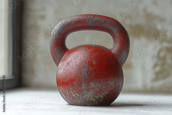 Obraz Red Kettlebell on Neutral Background – Fitness Weight Equipment, Gym Training Object, Minimal Sport Composition
