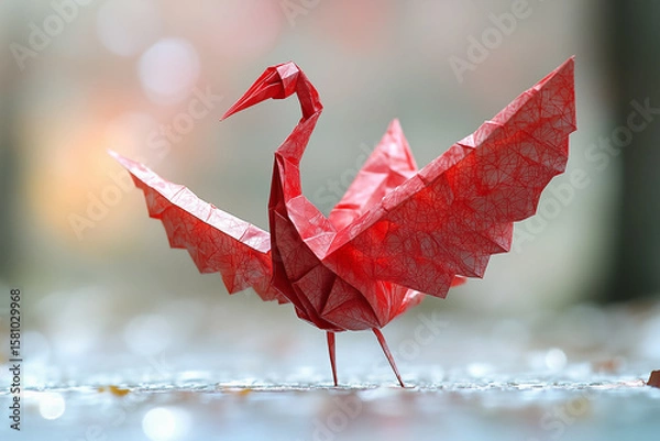 Obraz Red Origami Paper Crane on White Background – Traditional Japanese Art, Minimal Handmade Bird Figure, Peace and Zen Concept