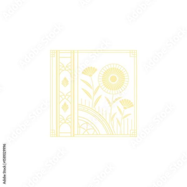Fototapeta Gold art deco panel and border with ornament on white background