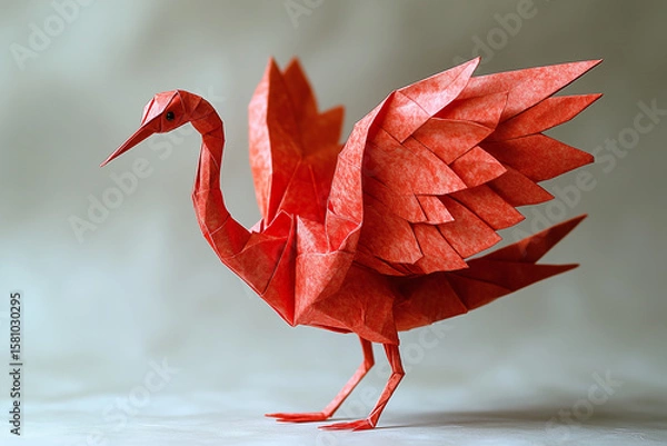 Obraz Red Origami Paper Crane on White Background – Traditional Japanese Art, Minimal Handmade Bird Figure, Peace and Zen Concept
