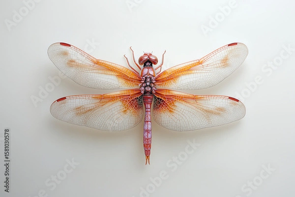 Obraz Red Dragonfly on White Background – Insect with Transparent Wings, Macro Nature Detail, Minimal Aesthetic Composition