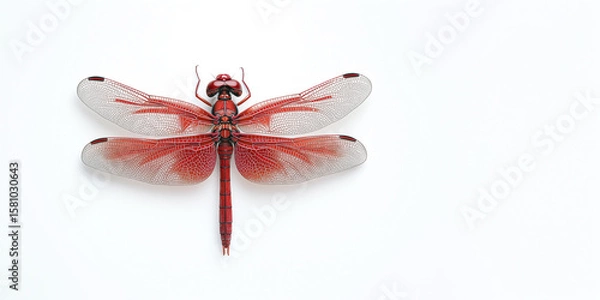 Fototapeta Red Dragonfly on White Background – Insect with Transparent Wings, Macro Nature Detail, Minimal Aesthetic Composition