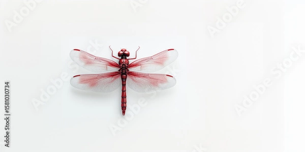 Obraz Red Dragonfly on White Background – Insect with Transparent Wings, Macro Nature Detail, Minimal Aesthetic Composition