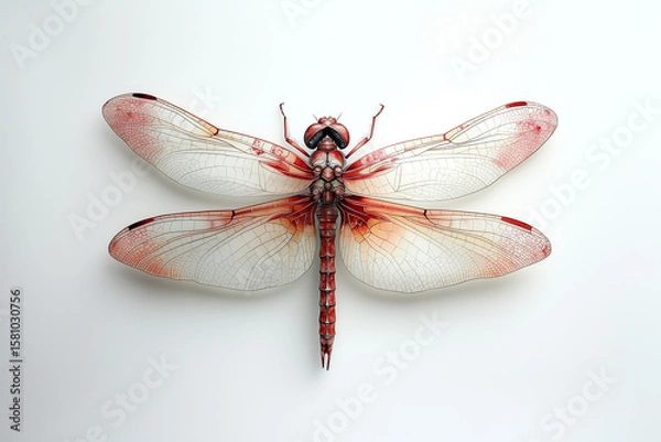 Obraz Red Dragonfly on White Background – Insect with Transparent Wings, Macro Nature Detail, Minimal Aesthetic Composition