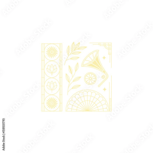 Fototapeta Gold art deco panel and border with ornament on white background