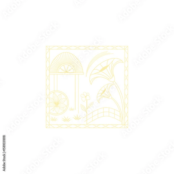 Fototapeta Gold art deco panel and border with ornament on white background