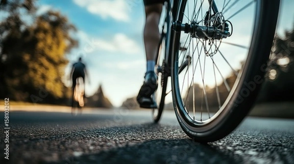 Fototapeta Sleek road bike tire on smooth asphalt, blurred cyclist in background, embodying speed and efficiency.