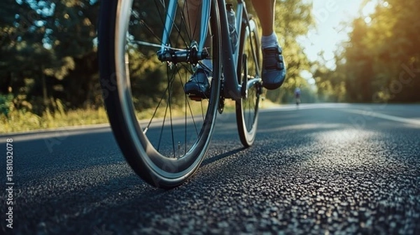 Fototapeta Sleek road bike tire on smooth asphalt, blurred cyclist in background, embodying speed and efficiency.