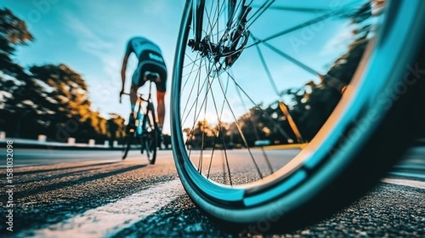 Fototapeta Sleek road bike tire on smooth asphalt, blurred cyclist in background, embodying speed and efficiency.