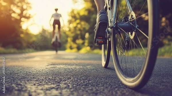Fototapeta Sleek road bike tire on smooth asphalt, blurred cyclist in background, embodying speed and efficiency.